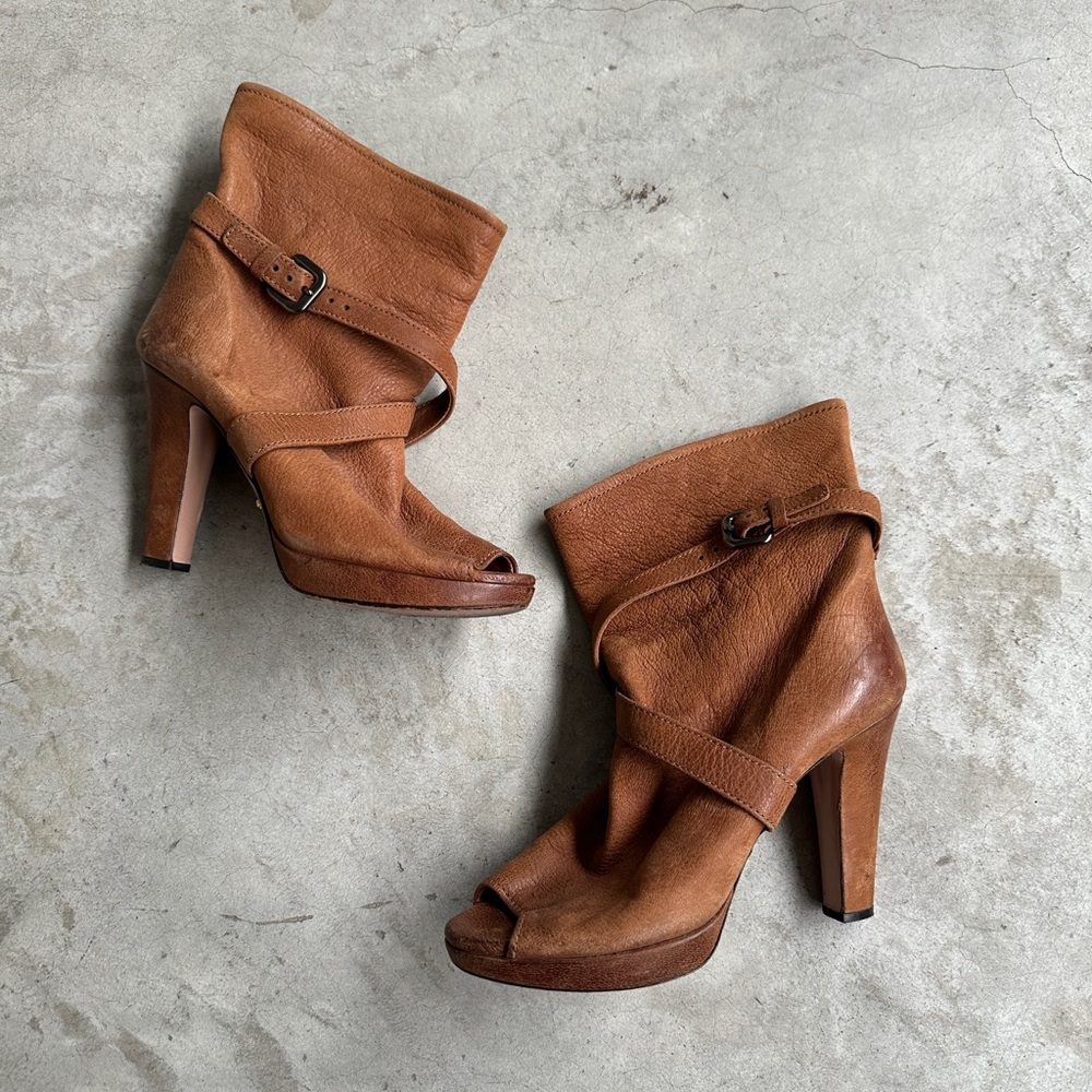 Prada Tan Leather Heeled Boots with Fold-Over Design